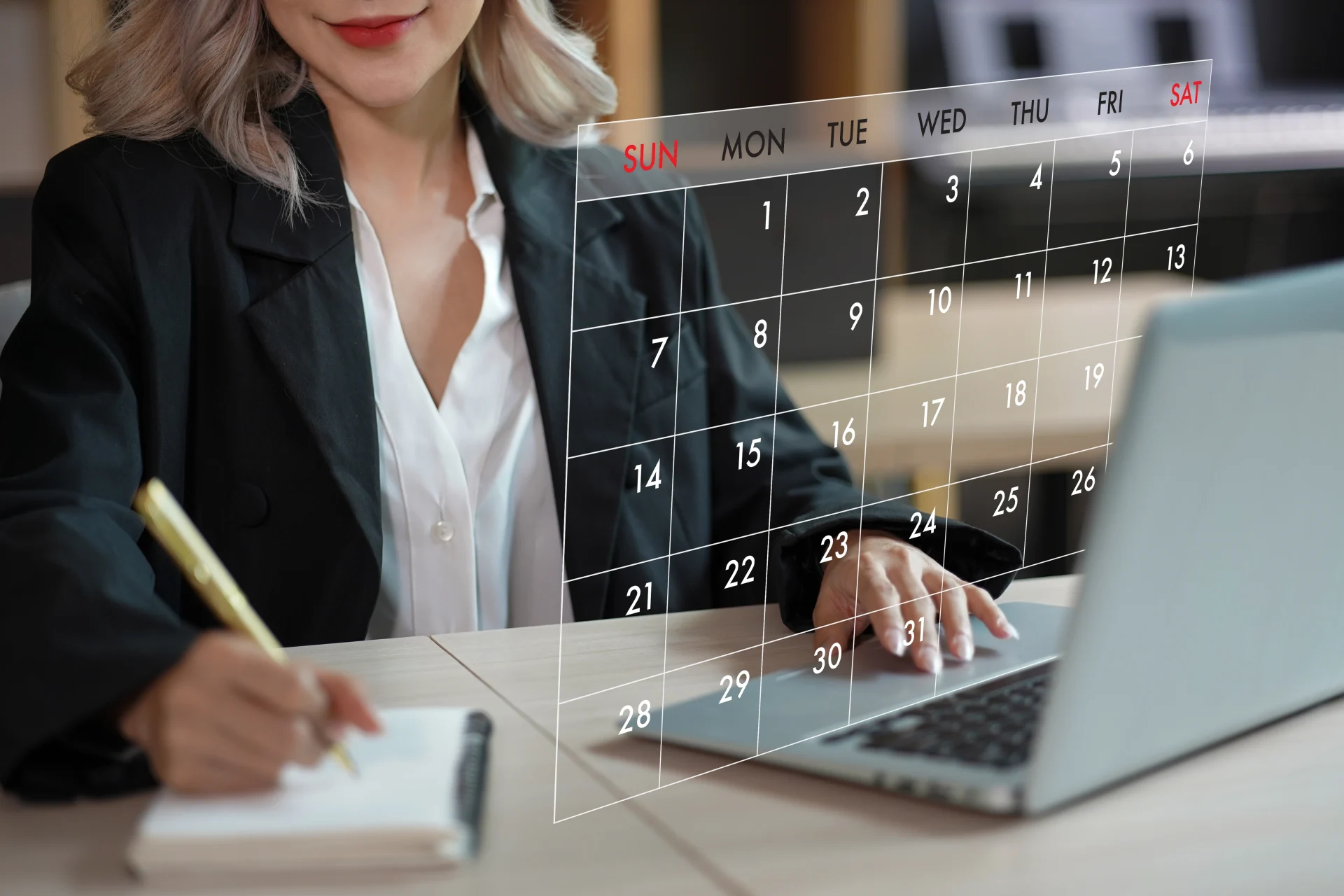 woman working in front of a transparent calendar